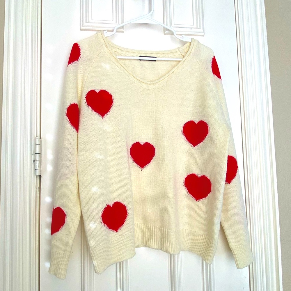 Off White Sweater with Vibrant Red Hearts